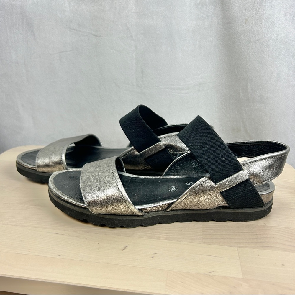 JOSEPH SEIBEL Leather Comfort Sandals Size 38/7 Silver‎ Black Cushioned Strappy